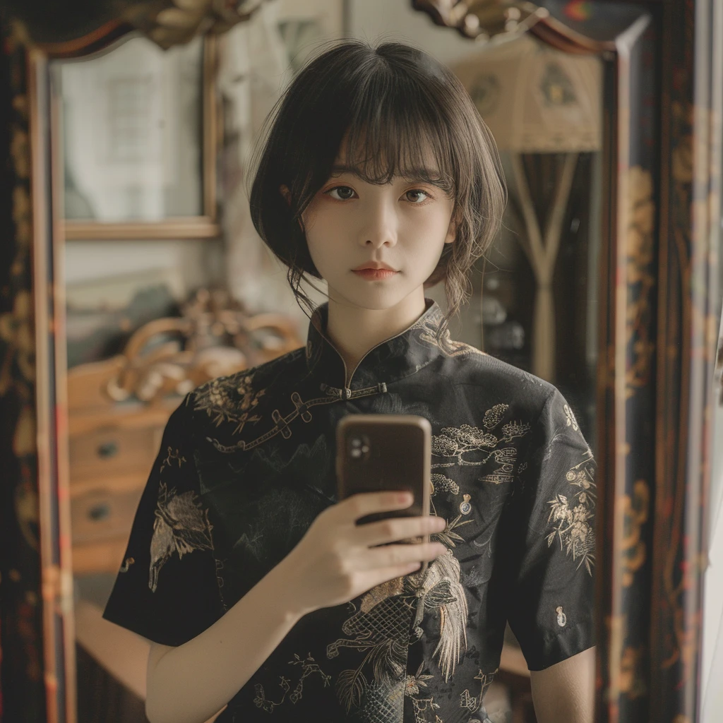 AI美女穿着黑色的中国马面裙
